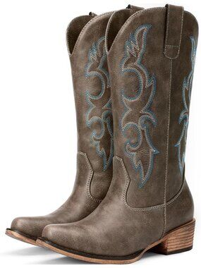 Women's Dark Brown Embroidered Cowgirl Boots Western Mid Calf Chunky Heel